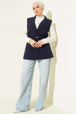 Kruvaze Yaka Kemerli Yelek Lacivert - Yelek