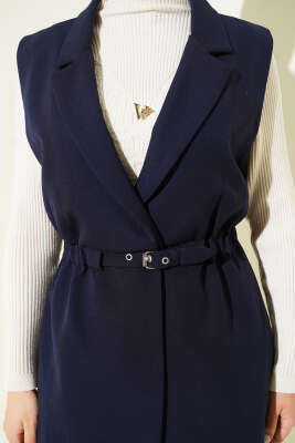 Kruvaze Yaka Kemerli Yelek Lacivert - Yelek