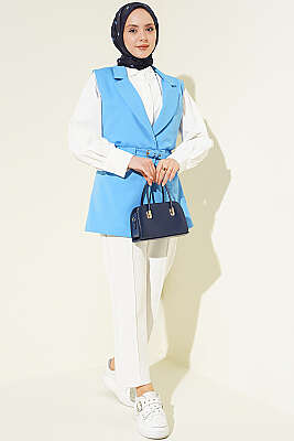 Kruvaze Yaka Kemerli Yelek Mavi - Yelek