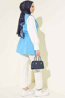 Kruvaze Yaka Kemerli Yelek Mavi - Yelek