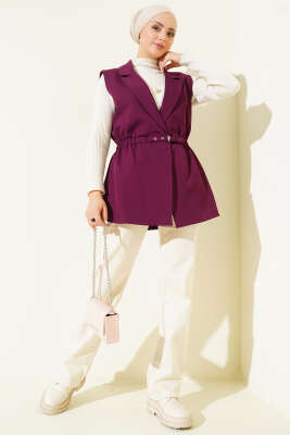 Kruvaze Yaka Kemerli Yelek Mor - Yelek