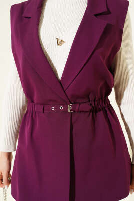 Kruvaze Yaka Kemerli Yelek Mor - Yelek