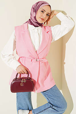 Kruvaze Yaka Kemerli Yelek Pembe - MISRA