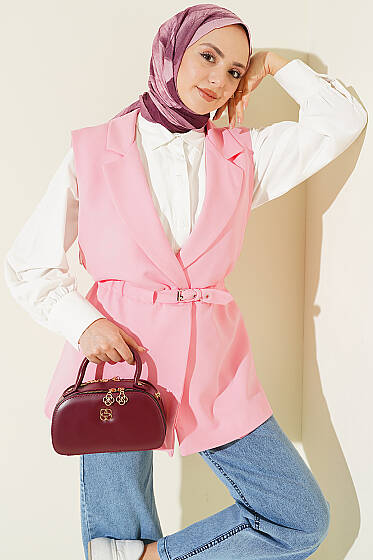 Kruvaze Yaka Kemerli Yelek Pembe - Yelek