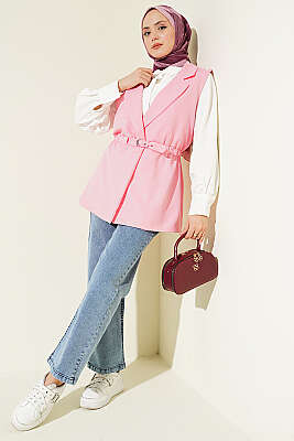 Kruvaze Yaka Kemerli Yelek Pembe - Yelek