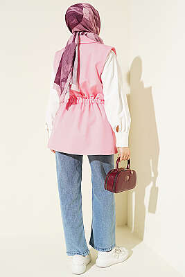 Kruvaze Yaka Kemerli Yelek Pembe - Yelek