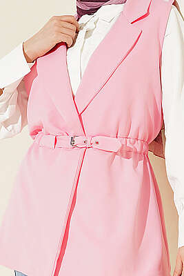 Kruvaze Yaka Kemerli Yelek Pembe - Yelek