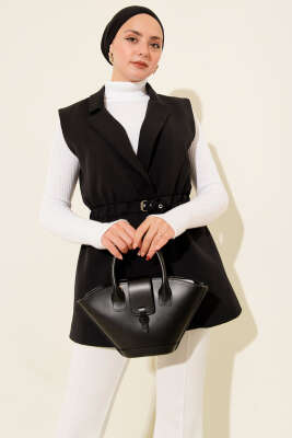 Kruvaze Yaka Kemerli Yelek Siyah - Yelek