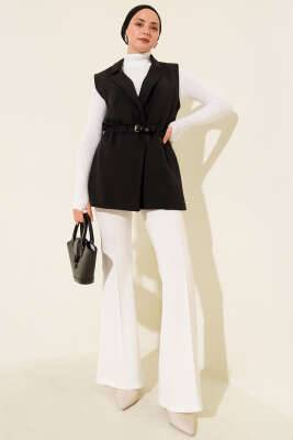 Kruvaze Yaka Kemerli Yelek Siyah - Yelek