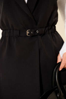 Kruvaze Yaka Kemerli Yelek Siyah - Yelek