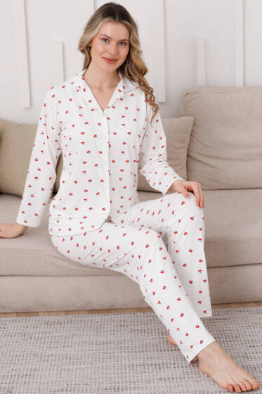 Kruvaze Yaka Kiraz Nakışlı Pijama Takımı Beyaz - Pijama