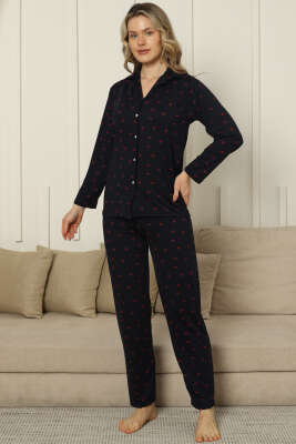 Kruvaze Yaka Kiraz Nakışlı Pijama Takımı Lacivert - Pijama