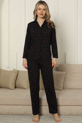 Kruvaze Yaka Kiraz Nakışlı Pijama Takımı Siyah - IŞILAY