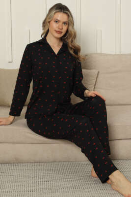 Kruvaze Yaka Kiraz Nakışlı Pijama Takımı Siyah - Pijama