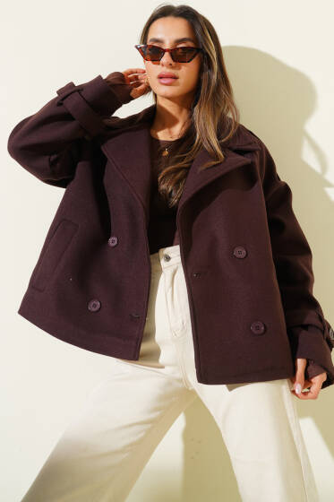 Kruvaze Yaka Kısa Kaban Kahve - Kadın Giyim Modelleri