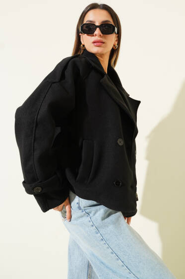 Kruvaze Yaka Kısa Kaban Siyah - Kadın Giyim Modelleri