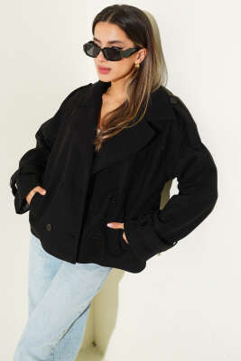 Kruvaze Yaka Kısa Kaban Siyah - Kadın Giyim Modelleri