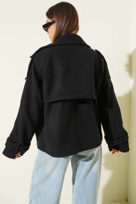 Kruvaze Yaka Kısa Kaban Siyah - Kadın Giyim Modelleri