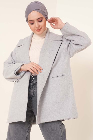 Kruvaze Yaka Kısa Kaşe Kaban Gri - Kaban