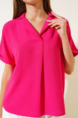Kruvaze Yaka Kısa Kol Bluz Fuşya - Kadın Giyim Modelleri