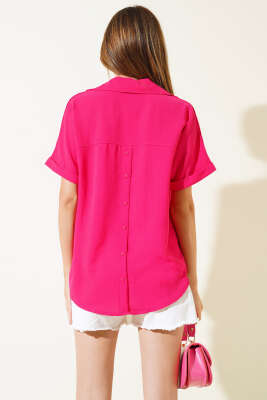 Kruvaze Yaka Kısa Kol Bluz Fuşya - Kadın Giyim Modelleri