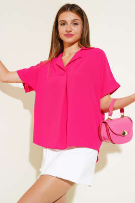 Kruvaze Yaka Kısa Kol Bluz Fuşya - Kadın Giyim Modelleri