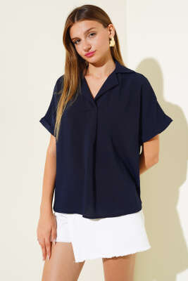 Kruvaze Yaka Kısa Kol Bluz Lacivert - Kadın Giyim Modelleri