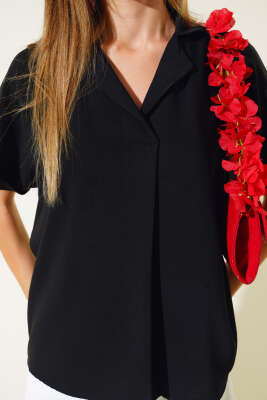 Kruvaze Yaka Kısa Kol Bluz Siyah - Kadın Giyim Modelleri