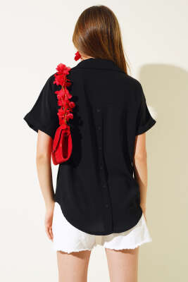 Kruvaze Yaka Kısa Kol Bluz Siyah - Kadın Giyim Modelleri