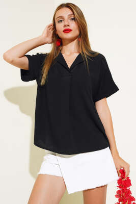 Kruvaze Yaka Kısa Kol Bluz Siyah - Kadın Giyim Modelleri