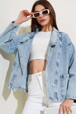 Kruvaze Yaka Kısa Kot Ceket Açık Kar