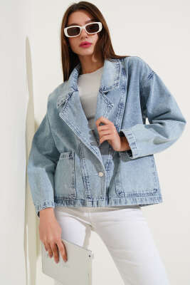 Kruvaze Yaka Kısa Kot Ceket Açık Kar - Kadın Giyim Modelleri