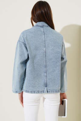 Kruvaze Yaka Kısa Kot Ceket Açık Kar - Kadın Giyim Modelleri