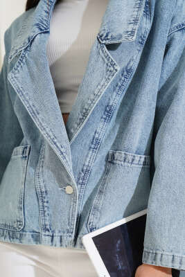 Kruvaze Yaka Kısa Kot Ceket Açık Kar - Kadın Giyim Modelleri