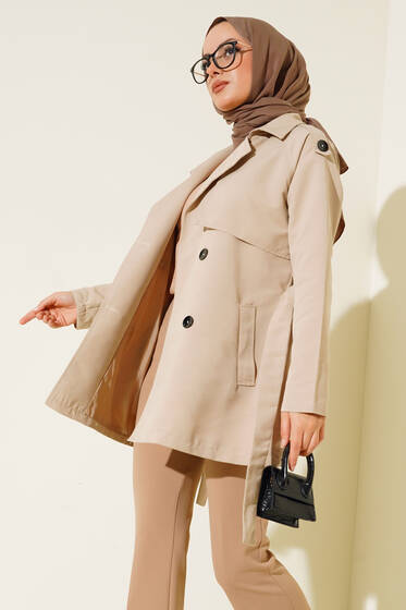  Kruvaze Yaka Kısa Trençkot Vizon - Trençkot