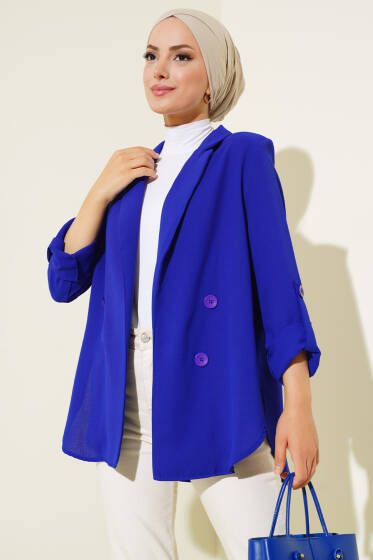 Kruvaze Yaka Kol Katlamalı Ceket Saks - Ceket