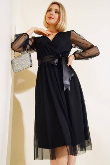 Kruvaze Yaka Kurdaleli Elbise Siyah - Kadın Giyim Modelleri