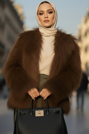 Kruvaze Yaka Kürklü Mont Acı Kahve - Mont