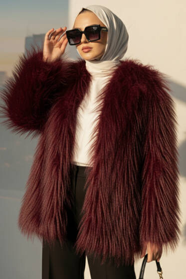 Kruvaze Yaka Kürklü Mont Bordo - Mont