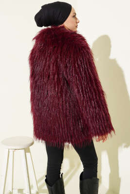 Kruvaze Yaka Kürklü Mont Bordo - Mont