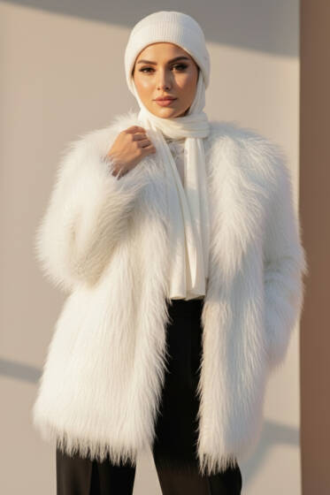 Kruvaze Yaka Kürklü Mont Ekru - Mont