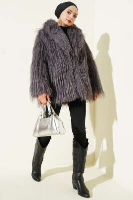 Kruvaze Yaka Kürklü Mont Füme - Mont