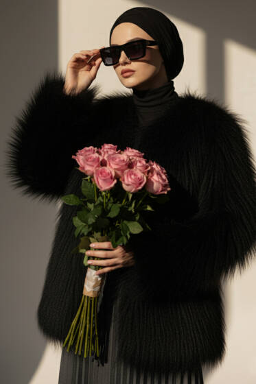 Kruvaze Yaka Kürklü Mont Siyah - Mont