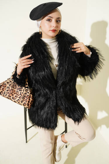 Kruvaze Yaka Kürklü Mont Siyah - Mont