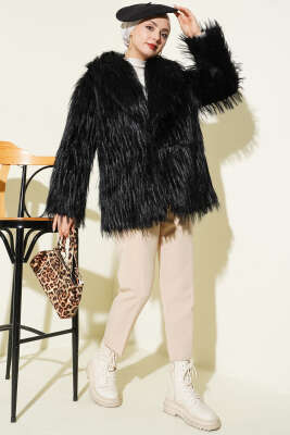 Kruvaze Yaka Kürklü Mont Siyah - Mont