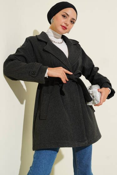 Kruvaze Yaka Kuşak Detaylı Kısa Kaşe Kaban Antrasit - Kaban