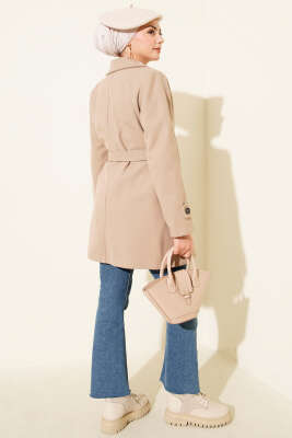 Kruvaze Yaka Kuşak Detaylı Kısa Kaşe Kaban Bej - Kaban