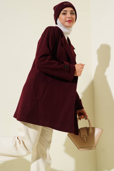 Kruvaze Yaka Kuşak Detaylı Kısa Kaşe Kaban Bordo - Kaban