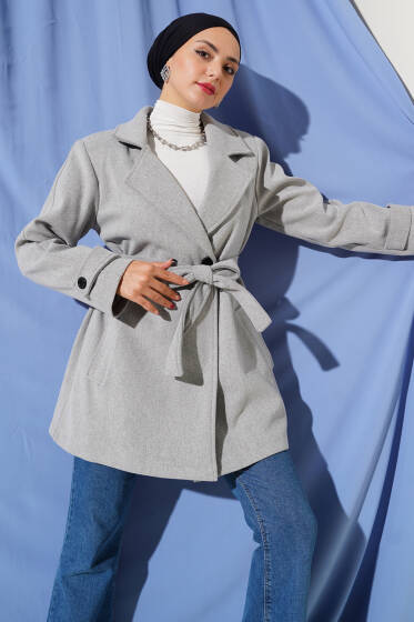 Kruvaze Yaka Kuşak Detaylı Kısa Kaşe Kaban Gri - Kaban