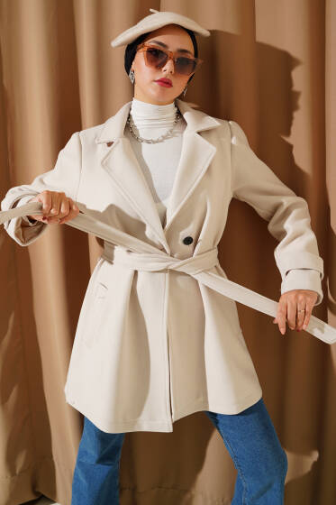 Kruvaze Yaka Kuşak Detaylı Kısa Kaşe Kaban Taş - Kaban